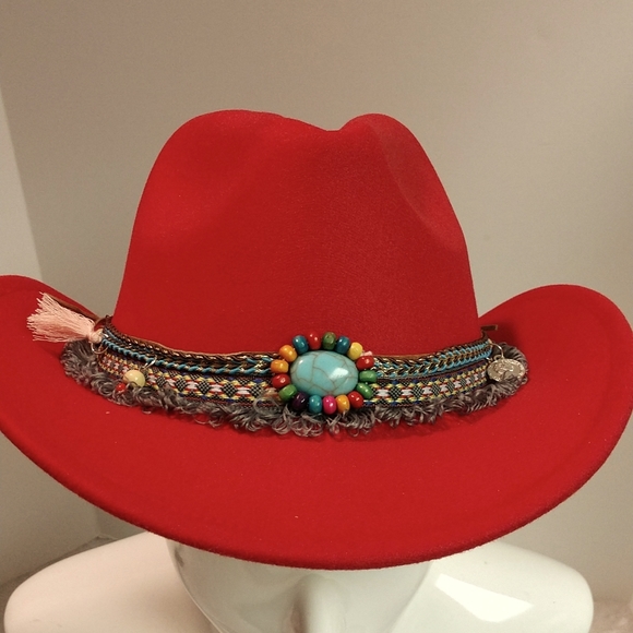 Western Southern Red Cowboy Hat Turquoise Tassels Pendants Fringe Accent Boho - Picture 6 of 17